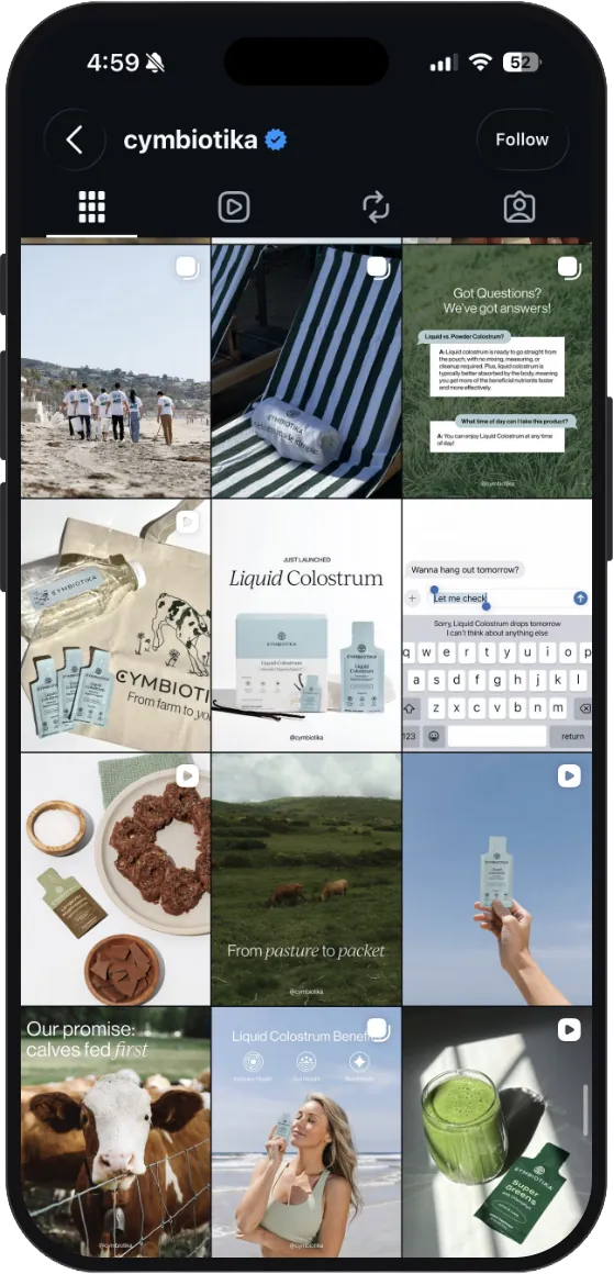 Cymbiotika Instagram grid during the Liquid Colostrum launch