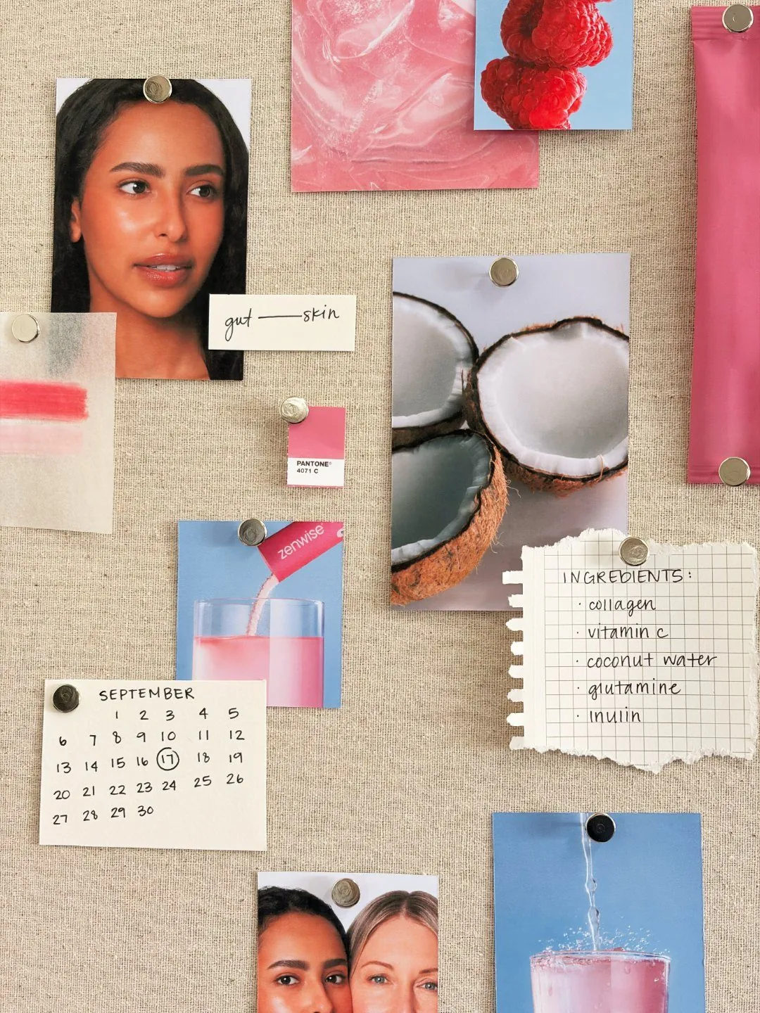 Beauty teaser post: pinned moodboard with gut-skin note, ingredients list and launch date